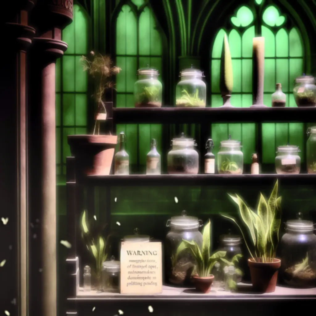 Półka zielarza z ostrzegawczymi etykietami przy niebezpiecznych roślinach