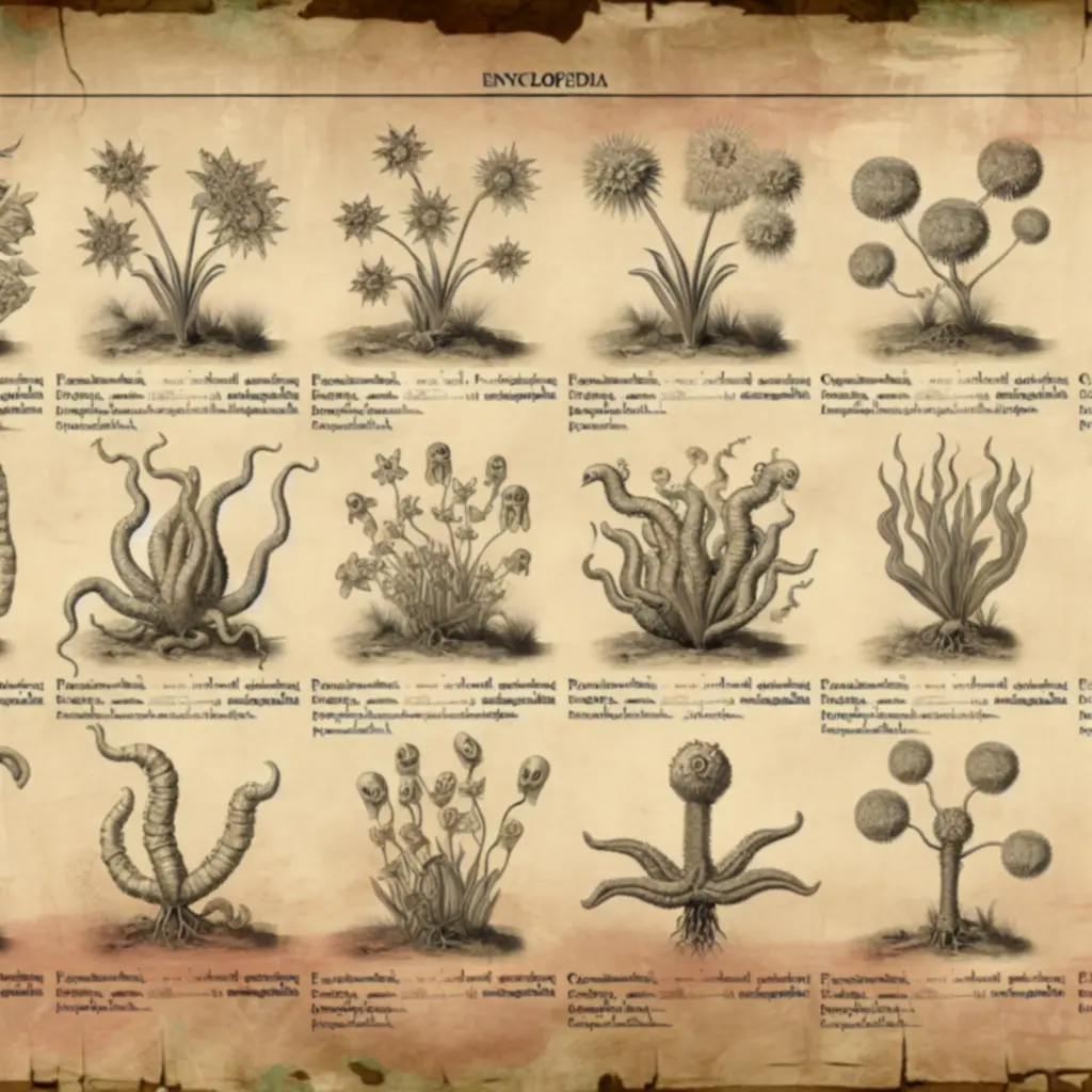Karty atlasu z tajemniczymi roślinami i ich opisami