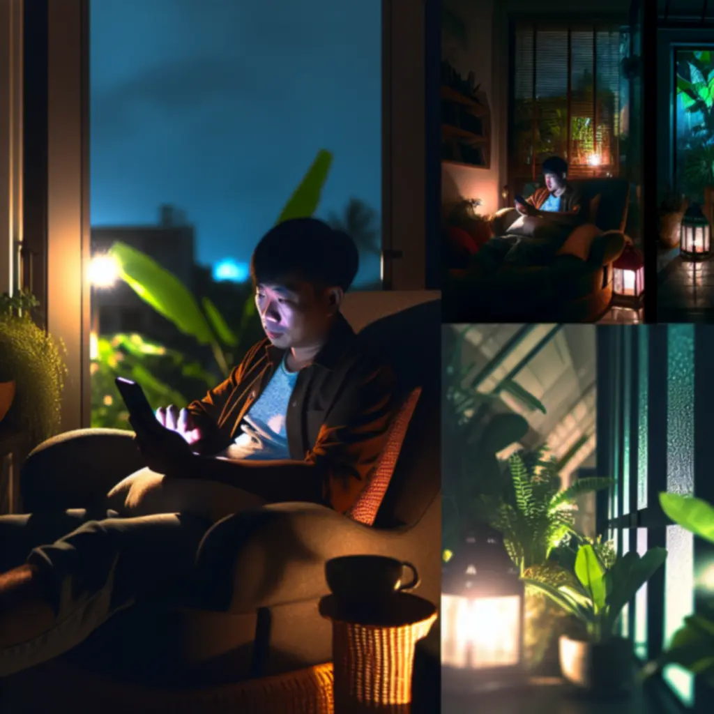 Gracz mobilny w przytulnym otoczeniu pochłonięty narracyjną rozgrywką