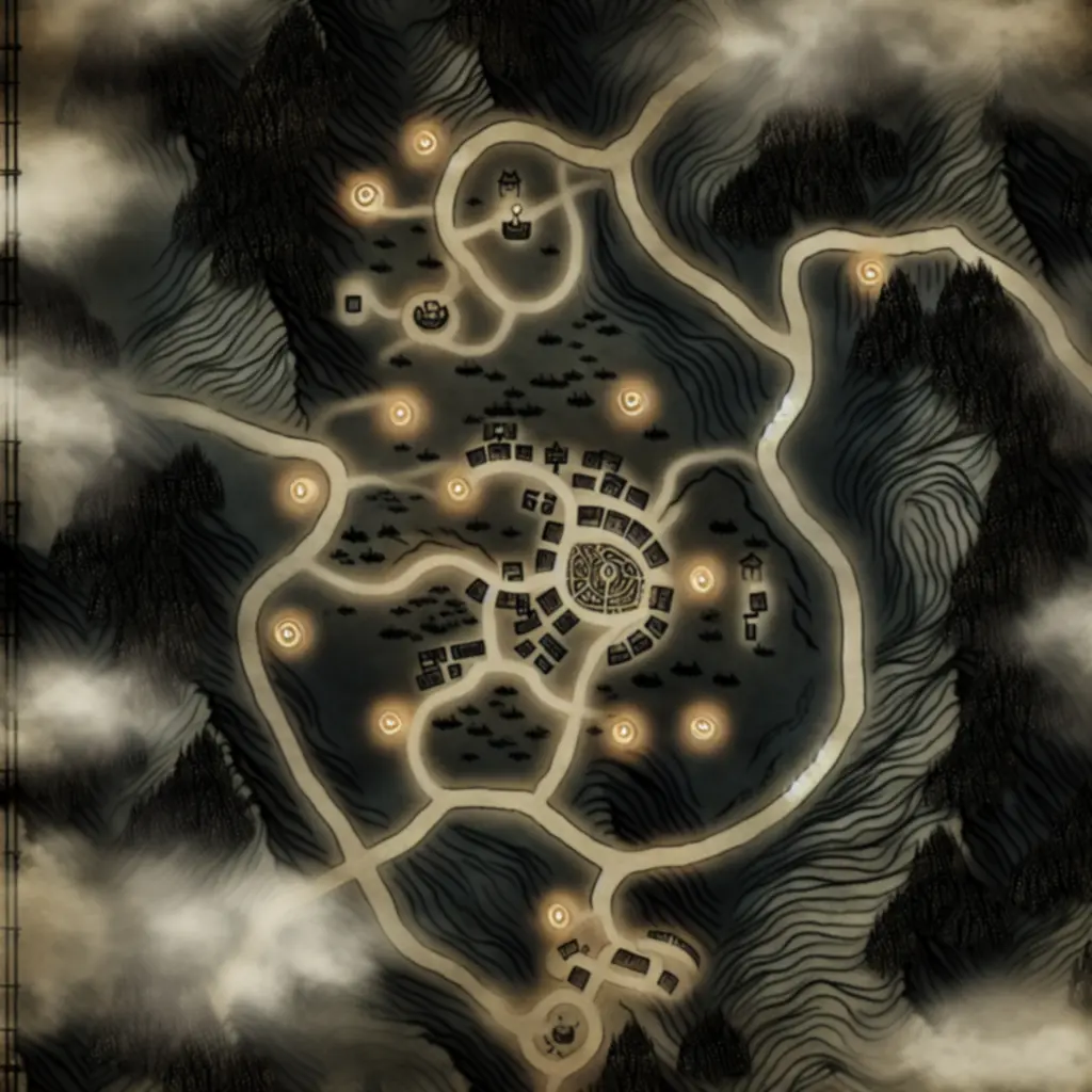 Tajemnicza mapa nocą z zaznaczonymi lokacjami do eksploracji