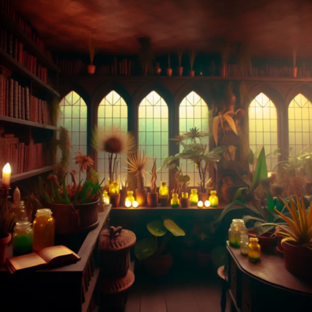 Klimatyczne wnętrze sklepu z roślinami: półki pełne okazów, notatki i narzędzia