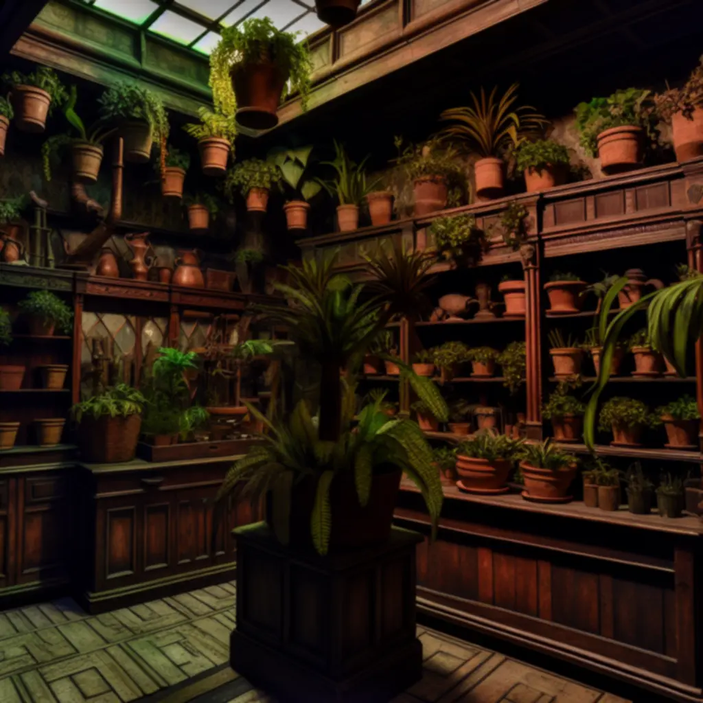 Wnętrze sklepiku botanicznego w Strange Horticulture z biurkiem i półkami pełnymi roślin.
