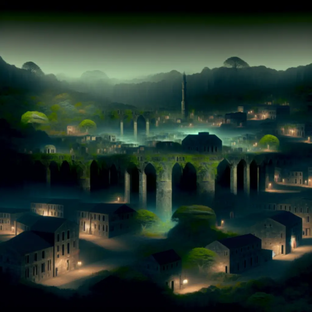 Miasteczko Undermere o zmierzchu – bruk, mgła i ciepłe światła okien