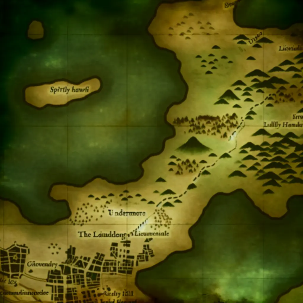 Zbliżenie na mapę okolic Undermere, z zaznaczonymi ścieżkami i tajemniczymi punktami