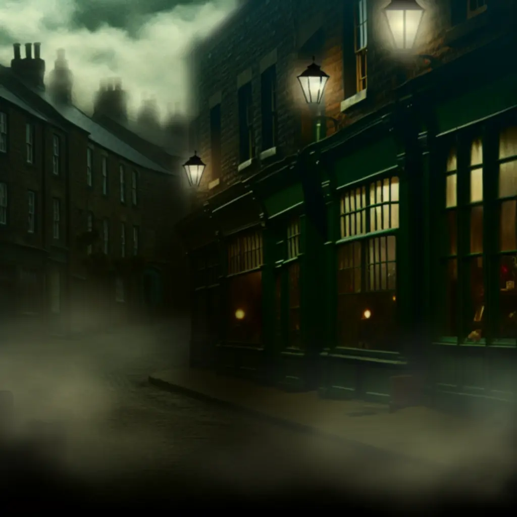 Ulica miasteczka Undermere o zmierzchu – ponura, mglista sceneria Strange Horticulture