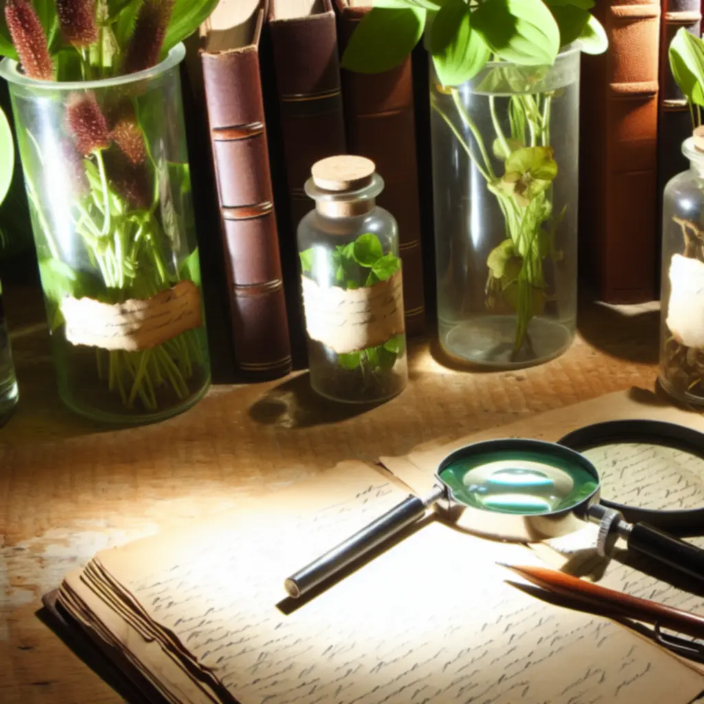 Zbliżenie na biurko z tajemniczymi roślinami i notatkami identyfikacyjnymi.